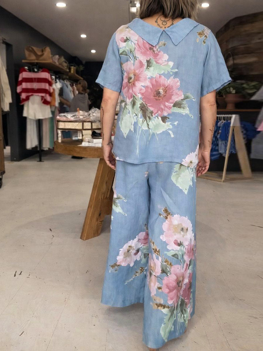 Women's Spring New Arrival Round Neck/peter Pan Collar Two-way Style Short-sleeved Casual Loose Cotton And Linen Pants Set