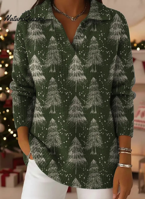 Green Christmas Tree Print Lapel Casual Knit Sweater