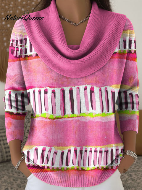 Women's Geometric Pink Color Splicing Print Cowl Neck Sweater