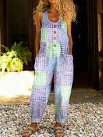 Women's Vintage Plaid Print Casual Cotton Vest Denim Jumpsuit