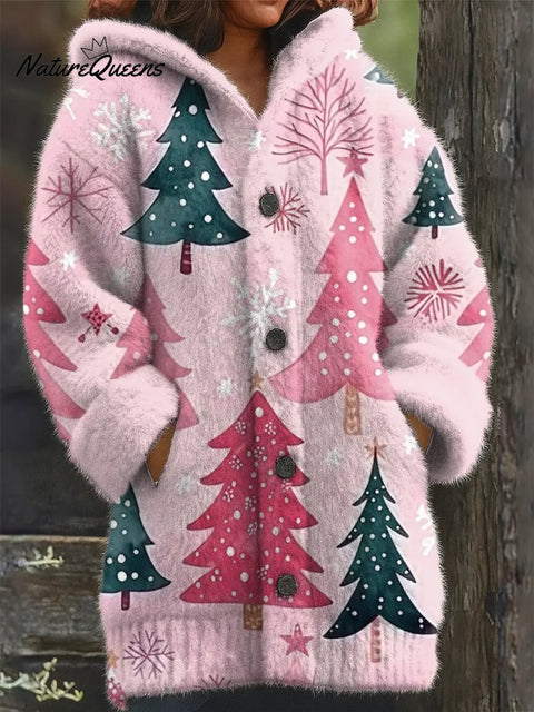 Women's Christmas Tree Pattern Art Print Casual Fleece Coat
