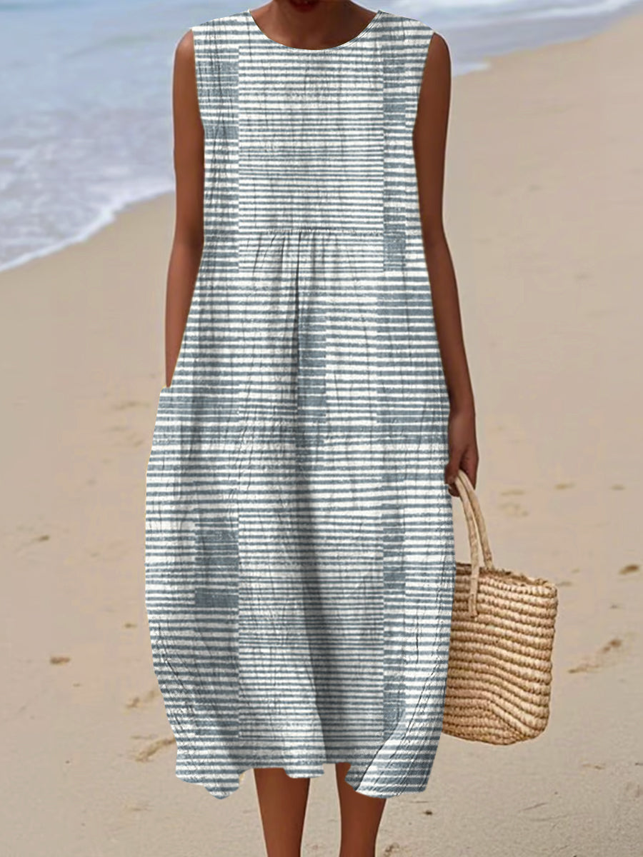 Women's Vintage Geometry Art Print Sleeveless Cotton Pocket Wrap Dress