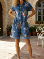 Women's Artistic Flowers Print Casual Cotton Denim Jumpsuit