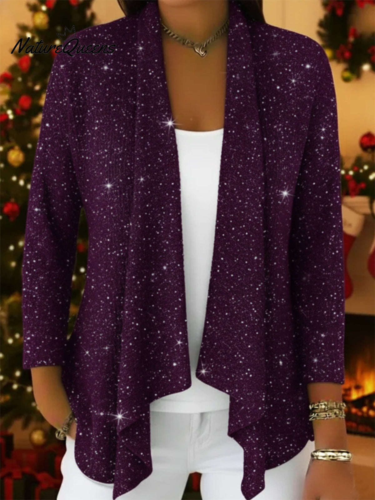 Retro-elegant Irregular Hem Shimmering Knit Cardigan