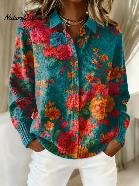 Women's Floral Pattern Art Print Casual Cotton Knitted Sweater