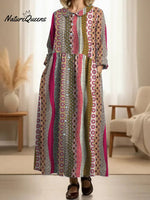 Women's Pleated Geometry Patterns Print Doll Collar Casual Long-sleeved Dress