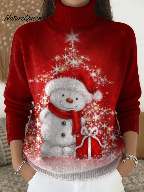 Women's Christmas Snowman Casual Printed Turtleneck Sweater