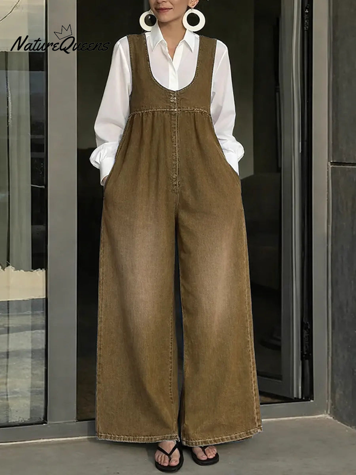 Women's U-neck Simple Sleeveless Casual Loose Denim Wide-leg Jumpsuit