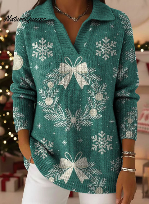 Christmas Tree Snowflakes Bow Art Pattern Art Polo Collar Shiny Loose Sweater Top