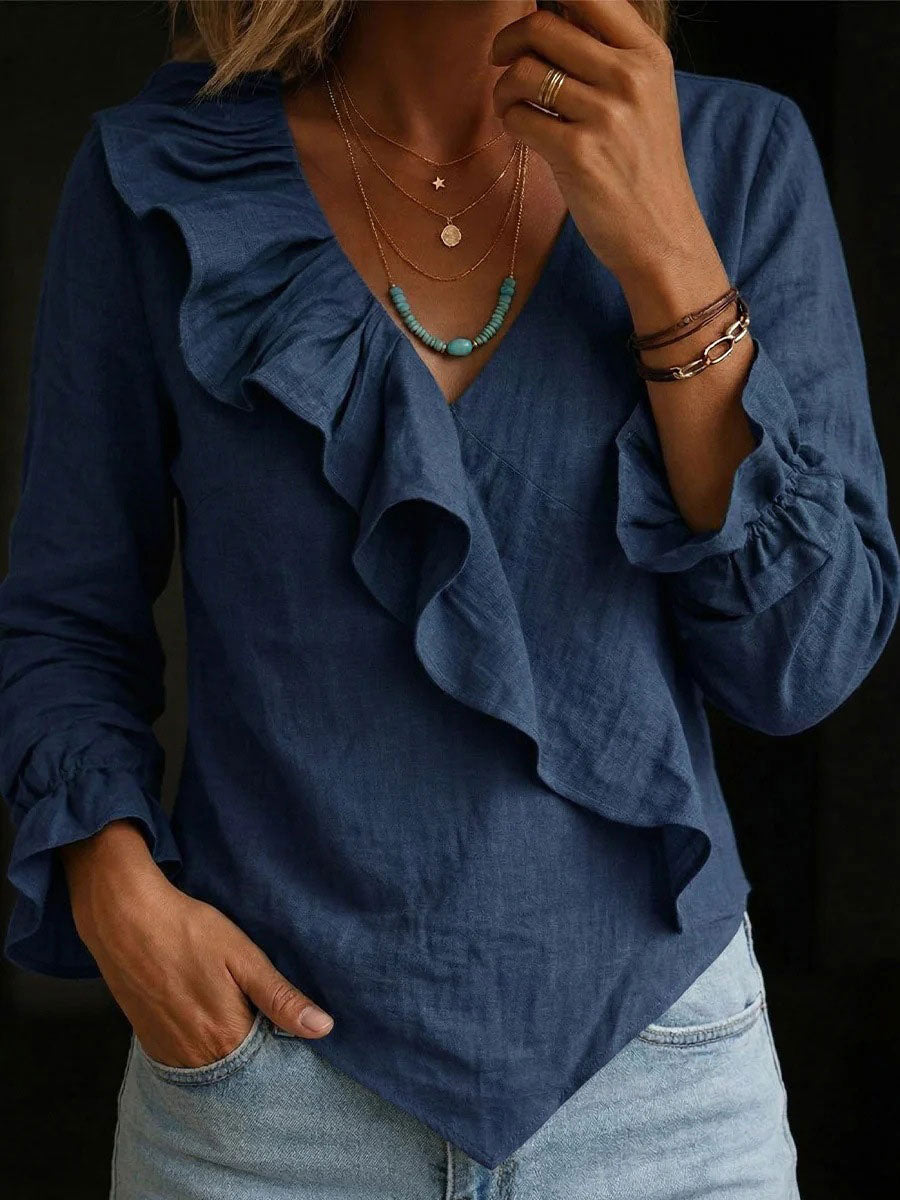 Women's Cotton-linen Ruffled V-neck Blouse With Asymmetrical Hem And Flared Sleeves