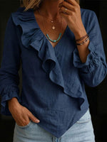 Women's Cotton-linen Ruffled V-neck Blouse With Asymmetrical Hem And Flared Sleeves
