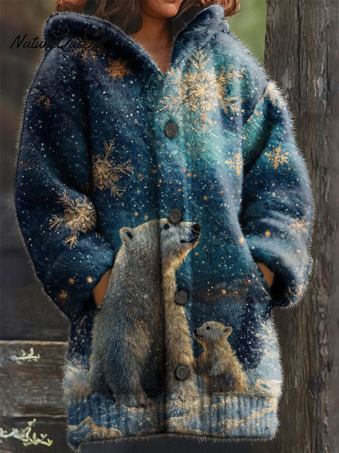 Women's Retro Christmas Animals Polar Bear Snowflake Pattern Art Print Casual Plush Warm Coat