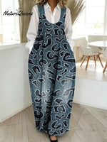 Women's Vintage Blue Splicing Pattern Art Print Casual Cotton Denim Dress