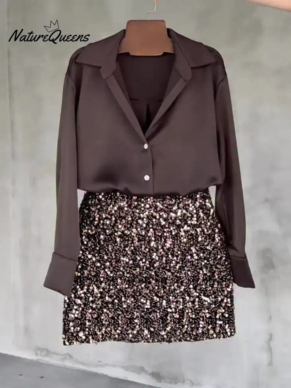 Women's Christmas Satin Shirt And Sequined Skirt Two-piece Set