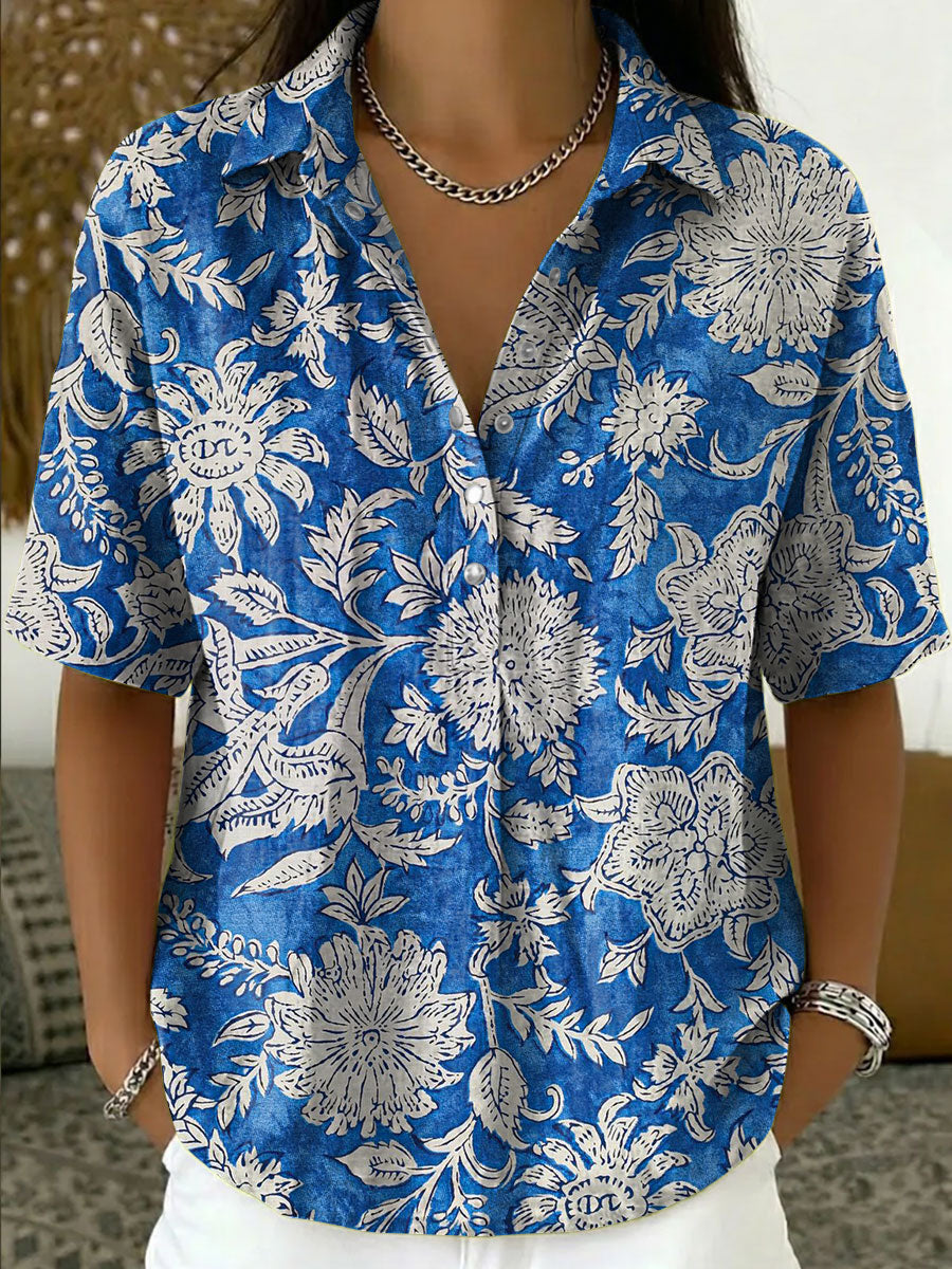 Women's Vintage Botanical Floral Casual Polo Collar Short-sleeved Linen And Cotton Shirt