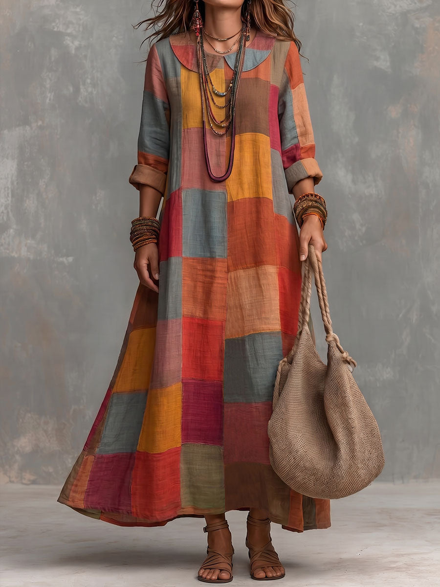 Women's Plaid Print Long-sleeve Casual Loose Dress With Peter Pan Collar