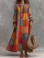 Women's Plaid Print Long-sleeve Casual Loose Dress With Peter Pan Collar