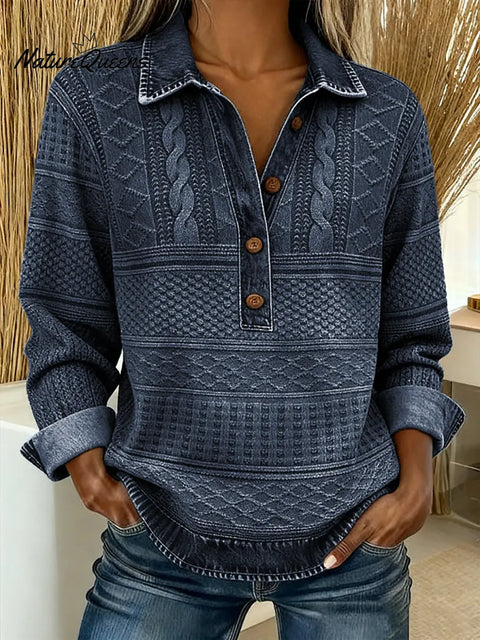 Women's Denim Print Shirt Collar Casual Loose Knit Top