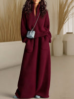 Women's Solid Color Cardigan Collar Long-sleeve Casual Loose Knit Top And High-waisted Casual Loose A-line Skirt Knit Set