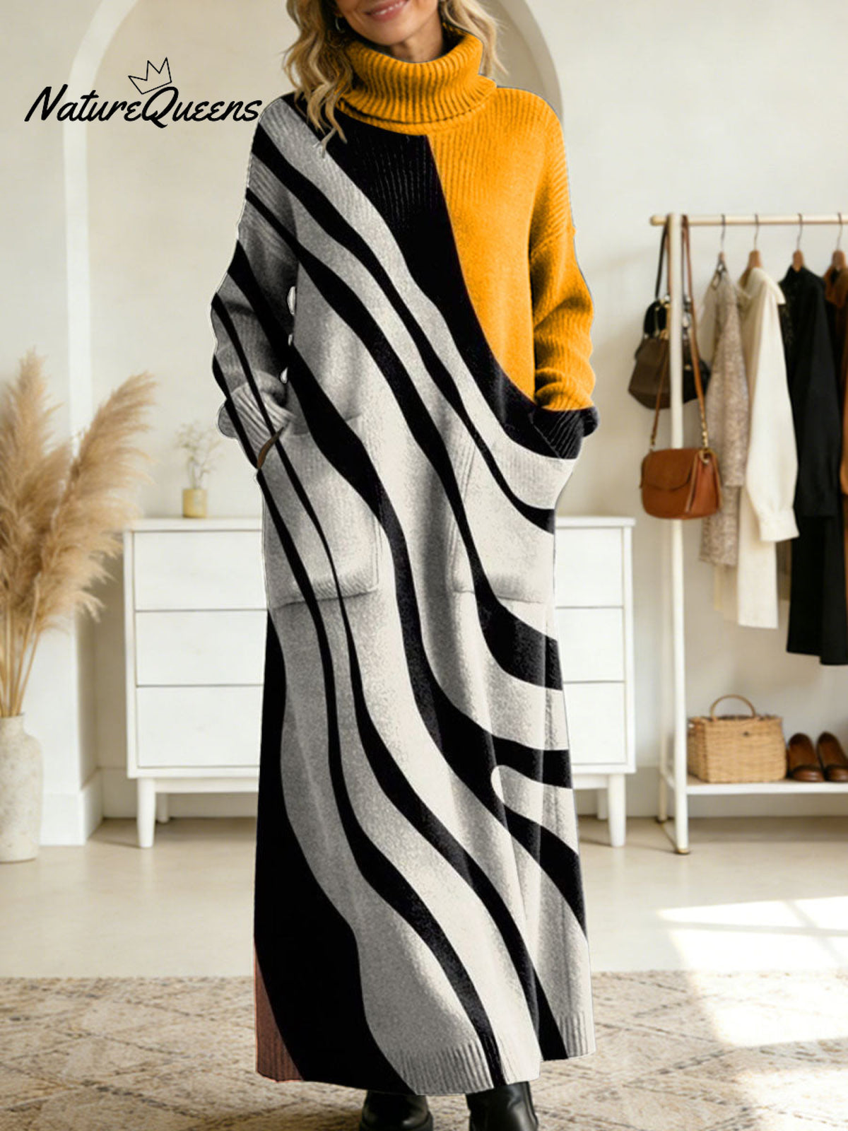 Women's Retro Abstract Geometric Colorful Splicing Patterns Art High-neck Long-sleeve Casual Loose Knit Dress