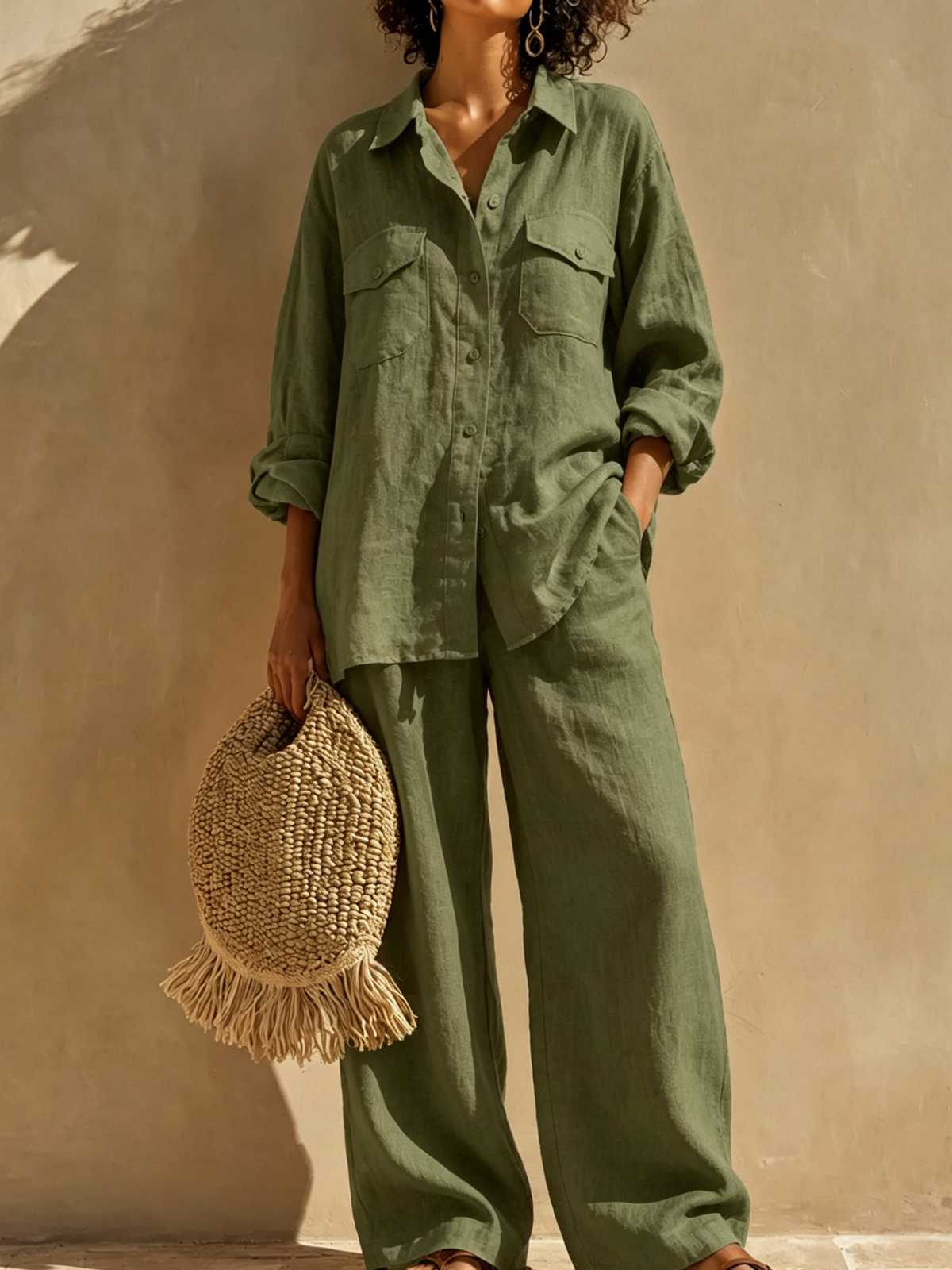 Two-piece Set Featuring A Loose-fit, Long-sleeved Cotton-linen Shirt With A Collar And Dual Patch Pockets, Paired With High-waisted Wide-leg Trousers.