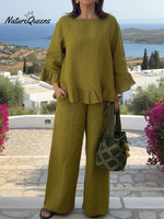 Elegant Ruffled Linen Top And Trousers Two-piece Set