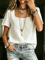 Women's Casual White Embroidered Blouse Short Sleeve Square Neck Linen Shirts Tops