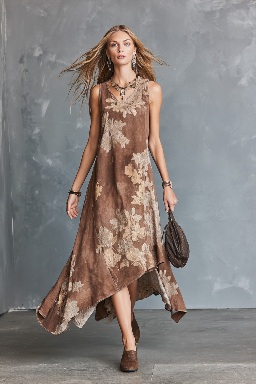 Vintage-style Bohemian Floral Print Sleeveless Linen-cotton Dress