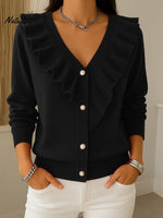 Women's Solid Color V-neck Long Sleeve Casual Loose Ruffled Knit Cardigan