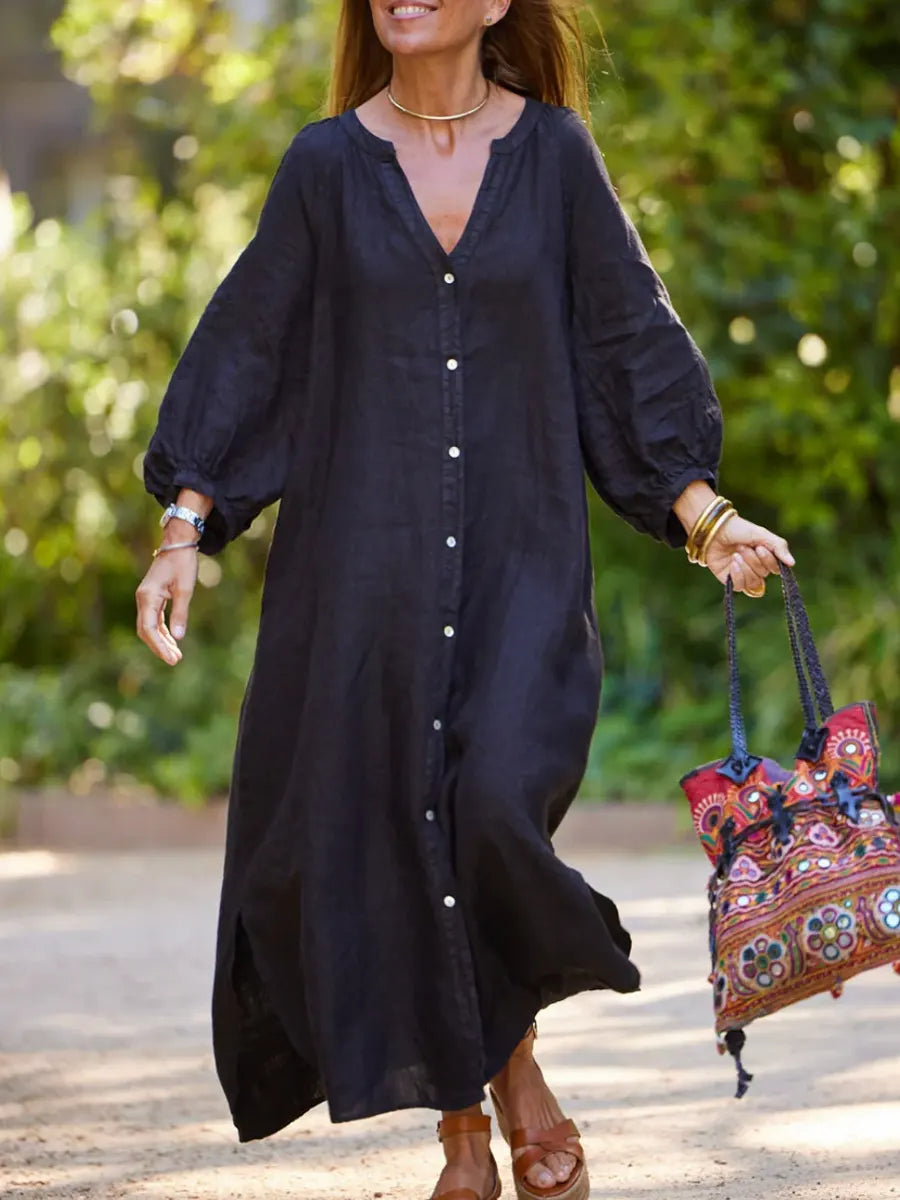Women's Solid Color Art Casual Cotton Linen Long Dress