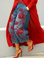 Women's Retro Floral Pattern Art Print Casual Jeans