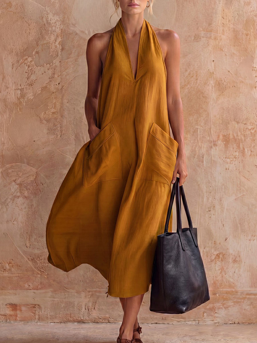 Women's Casual Retro V-neck Linen Slip Dress
