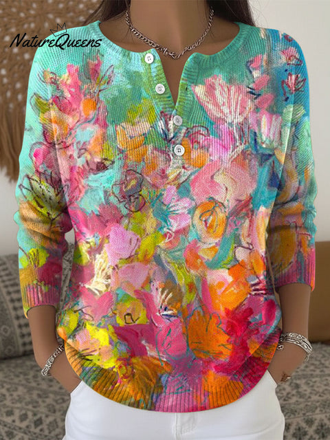 Women's Color Flowers Pattern Art Print Buttoned Cardigan Sweater