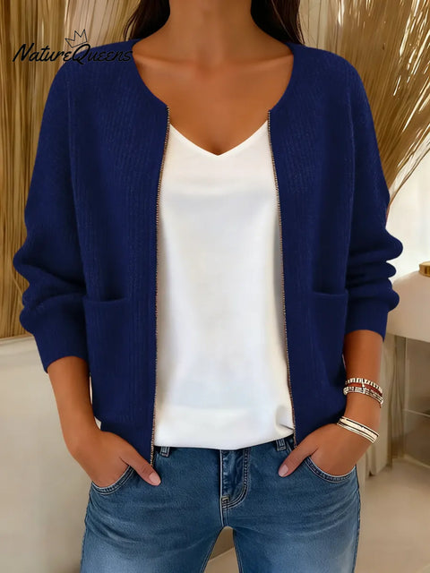 Women's Solid Color Round Neck Long Sleeve Casual Loose Knit Cardigan