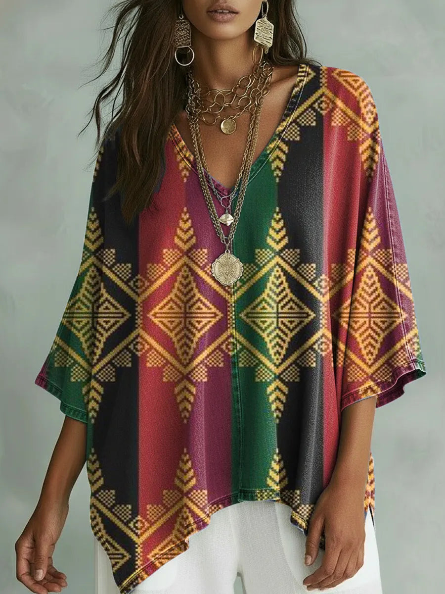 Women's Retro Pattern Art Print Casual Bat Sleeve Denim Shirt