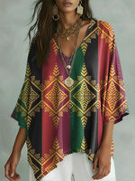 Women's Retro Pattern Art Print Casual Bat Sleeve Denim Shirt