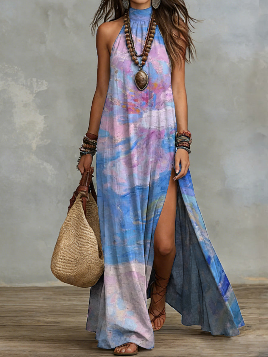 Women's Vintage Oil Painting Floral Print Halter-neck Cotton-linen Dress With Slit