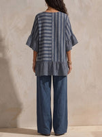 Women's Blue Mood Spliced Striped Cotton-linen Casual Set