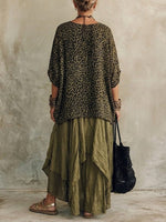 Women's Leopard Print Blouse With Irregular Hem Half Skirt Cotton And Linen Set