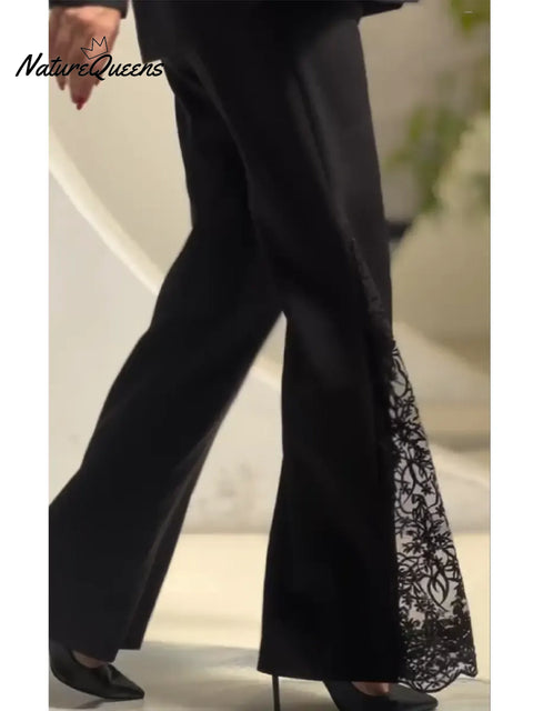 Women's Elegant Flared Pants With Side Lace Trim
