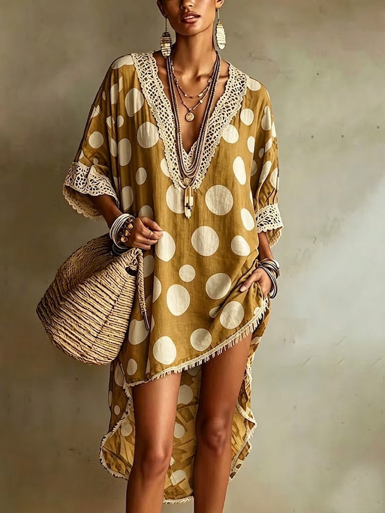 Loose-fit Casual Linen-cotton Dress With Polka Dot And Lace Trim Splicing