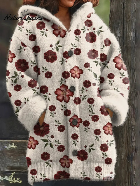 Women's Floral Pattern Art Print Casual Fleece Coat