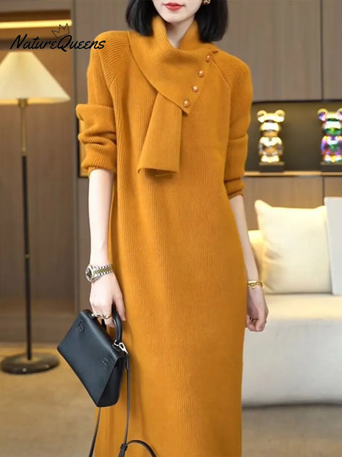 Women's Cozy Sweater Dress With Detachable Scarf