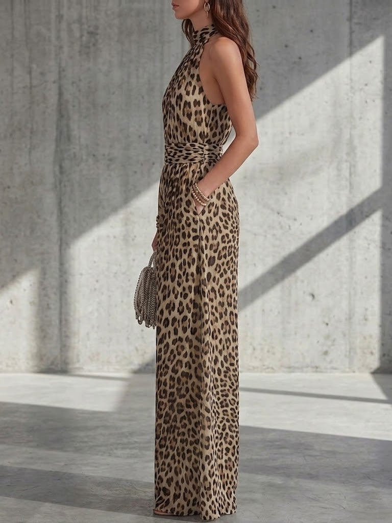 Women's Leopard Print Halter Neck Cinched Waist Wide-leg Jumpsuit