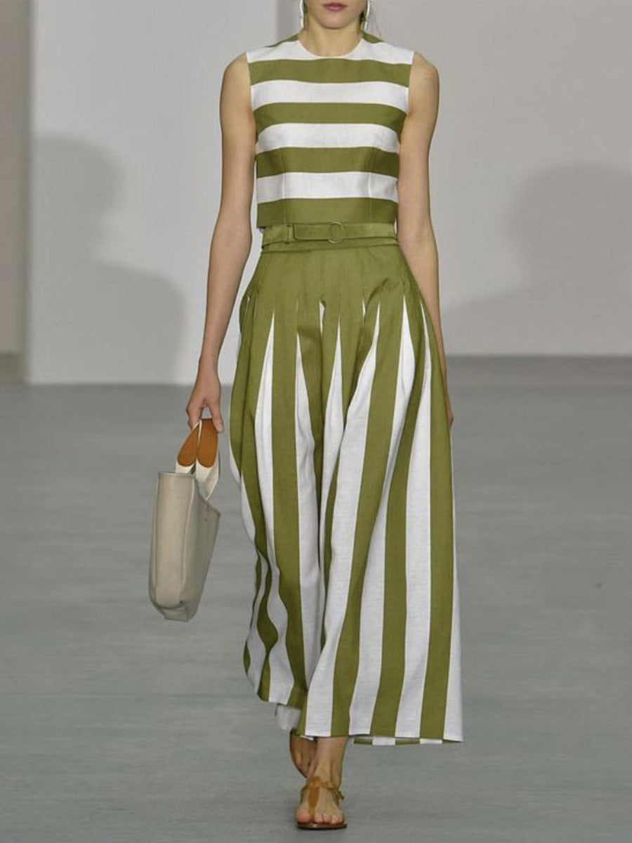 Women's Striped Cotton Two-piece Set: Crew Neck Sleeveless Loose-fit Top & High-waisted Wide-leg Pants