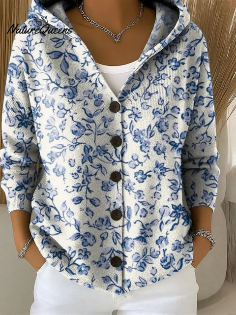 Women's Blue Floral Printed Casual Hooded Button Sweater