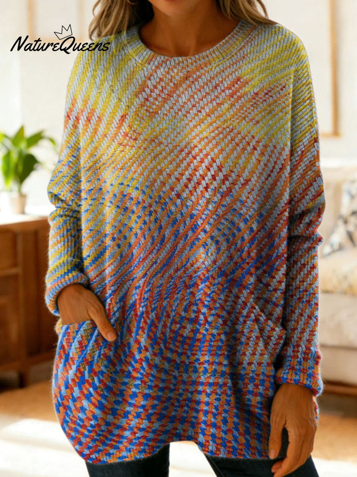 Women's Retro Abstract Pattern Art Print Casual Cotton Knitted Sweater