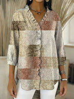 Women's Retro Gradient Flowers Floral Art Casual Denim V-neck Ruffled Shirt