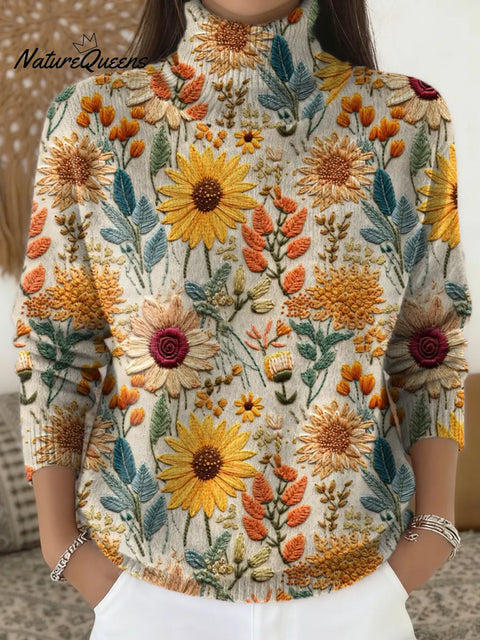 Women's Floral Art Print Casual Turtleneck Sweater