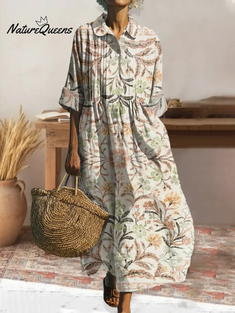 Women's Retro Floral Art Print Pleated Peter Pan Collar Casual Dress